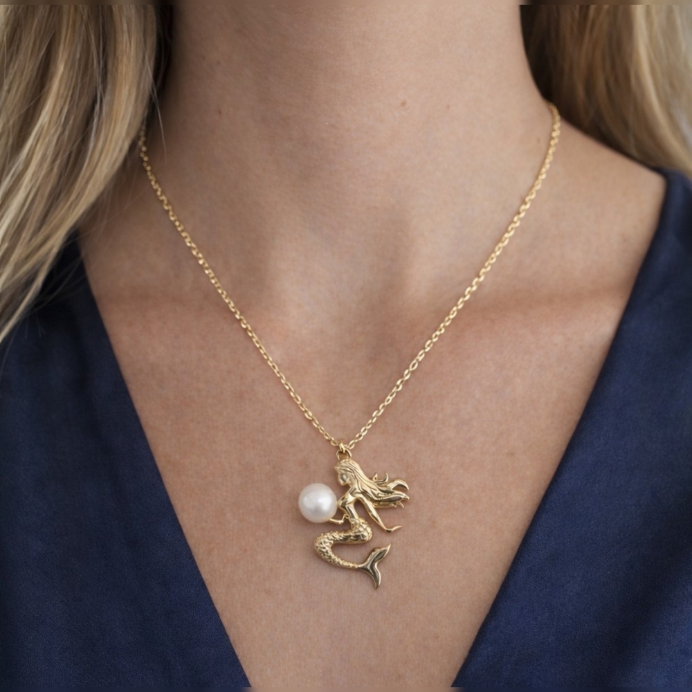Mermaid Freshwater Pearl Necklace 18K Gold Plated Coastal Beach Jewelry